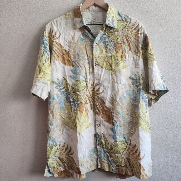 Tommy Bahama Shirt Mens Large Silk Brown Blue Yellow Floral Hawaiian Button Up